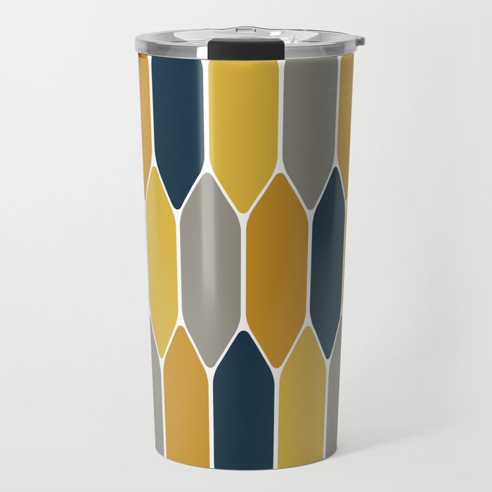 Long Honeycomb Geometric Pattern in Mustard Yellow, Navy Blue, Gray, and White Travel Mug Gallery Image 1