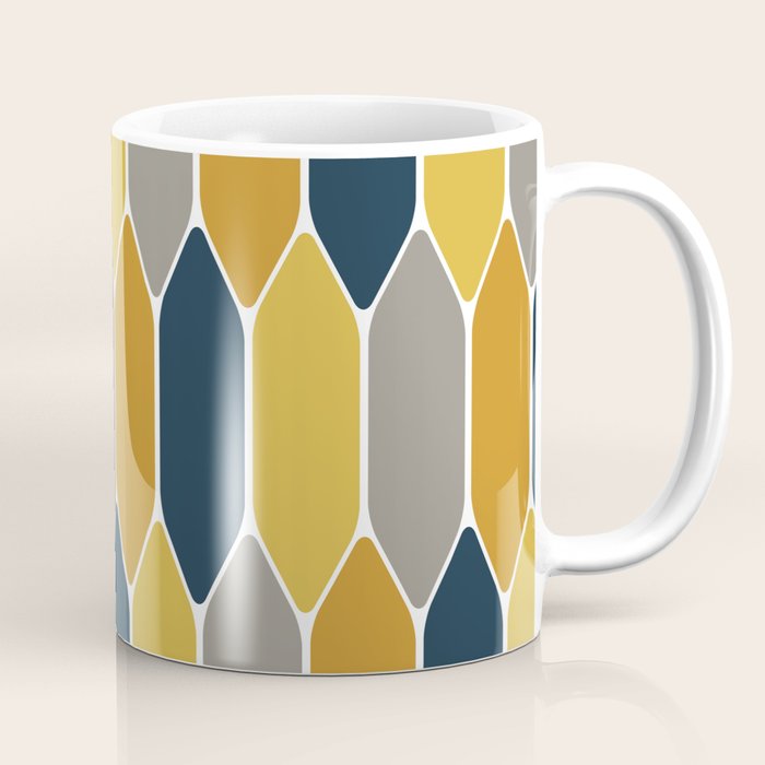 Long Honeycomb Geometric Pattern in Mustard Yellow, Navy Blue, Gray, and White Coffee Mug Gallery Image 1