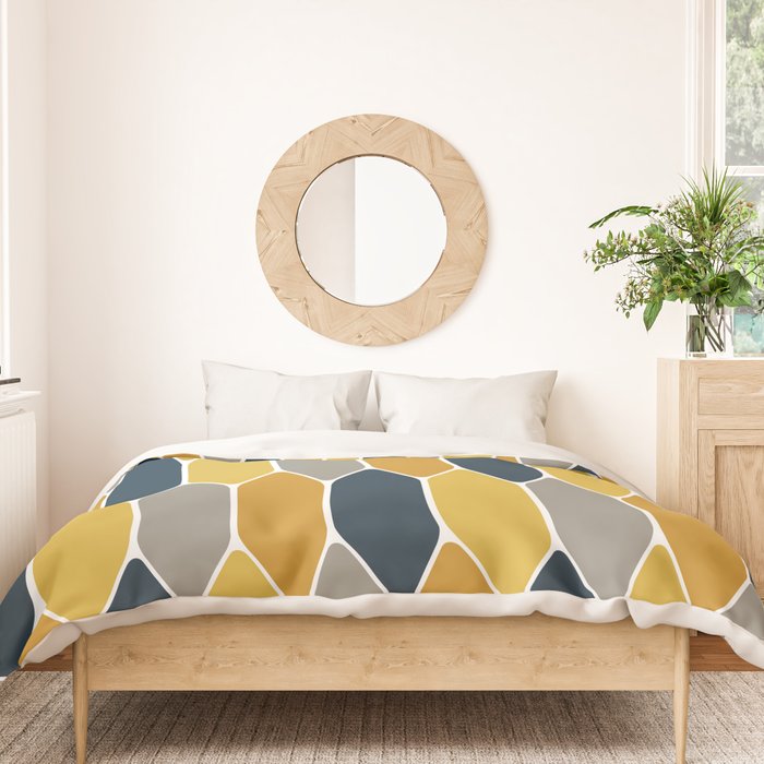Long Honeycomb Geometric Pattern in Mustard Yellow, Navy Blue, Gray, and White Duvet Cover Gallery Image 3