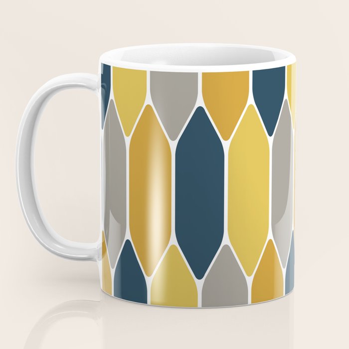 Long Honeycomb Geometric Pattern in Mustard Yellow, Navy Blue, Gray, and White Coffee Mug Gallery Image 3