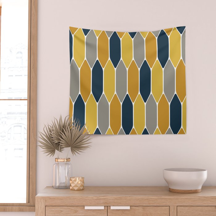 Long Honeycomb Geometric Pattern in Mustard Yellow, Navy Blue, Gray, and White Wall Tapestry Gallery Image 2