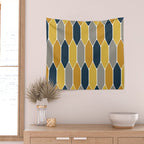 Long Honeycomb Geometric Pattern in Mustard Yellow, Navy Blue, Gray, and White Wall Tapestry Gallery Image 2