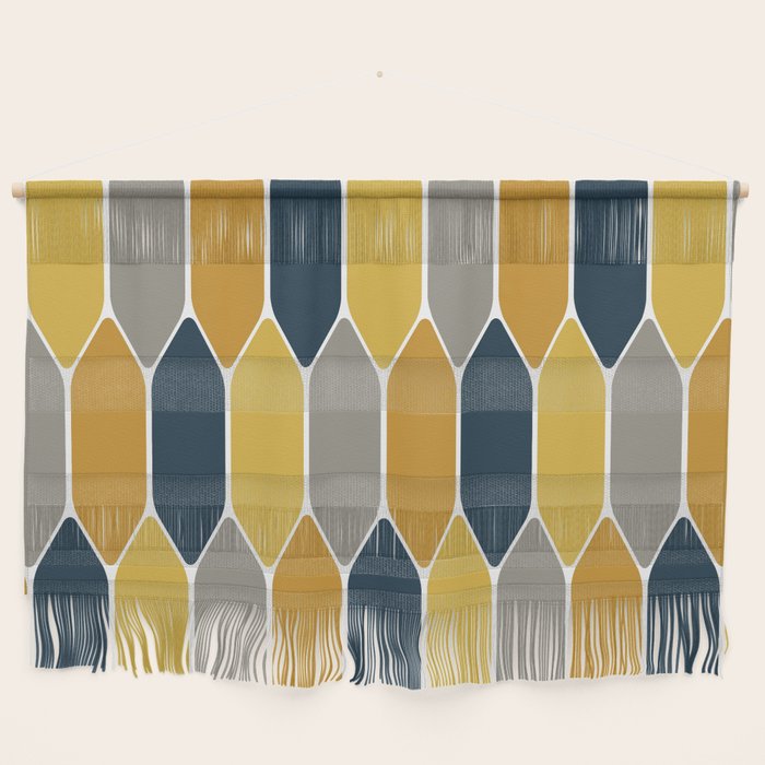 Long Honeycomb Geometric Pattern in Mustard Yellow, Navy Blue, Gray, and White Wall Hanging Gallery Image 1