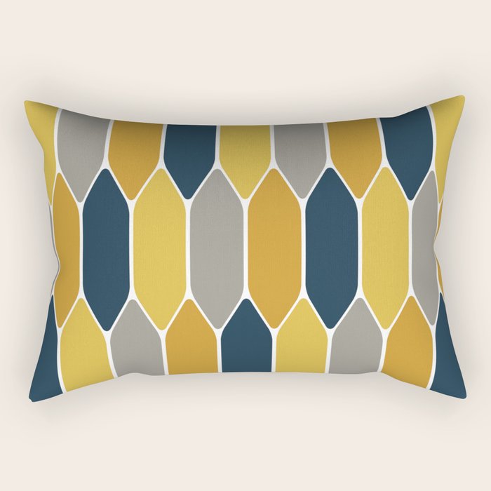 Long Honeycomb Geometric Pattern in Mustard Yellow, Navy Blue, Gray, and White Rectangular Pillow Gallery Image 1