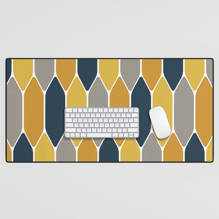 Long Honeycomb Geometric Pattern in Mustard Yellow, Navy Blue, Gray, and White Desk Mat Gallery Image 1