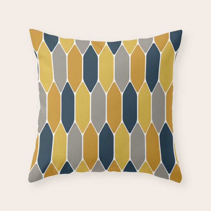 Long Honeycomb Geometric Pattern in Mustard Yellow, Navy Blue, Gray, and White Throw Pillow Gallery Image 1