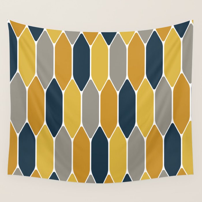 Long Honeycomb Geometric Pattern in Mustard Yellow, Navy Blue, Gray, and White Wall Tapestry Gallery Image 4