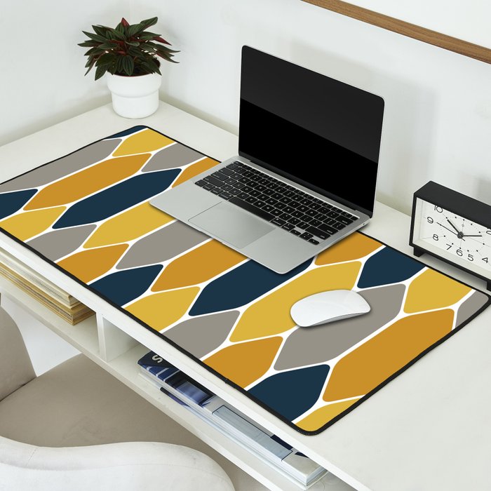 Long Honeycomb Geometric Pattern in Mustard Yellow, Navy Blue, Gray, and White Desk Mat Gallery Image 2