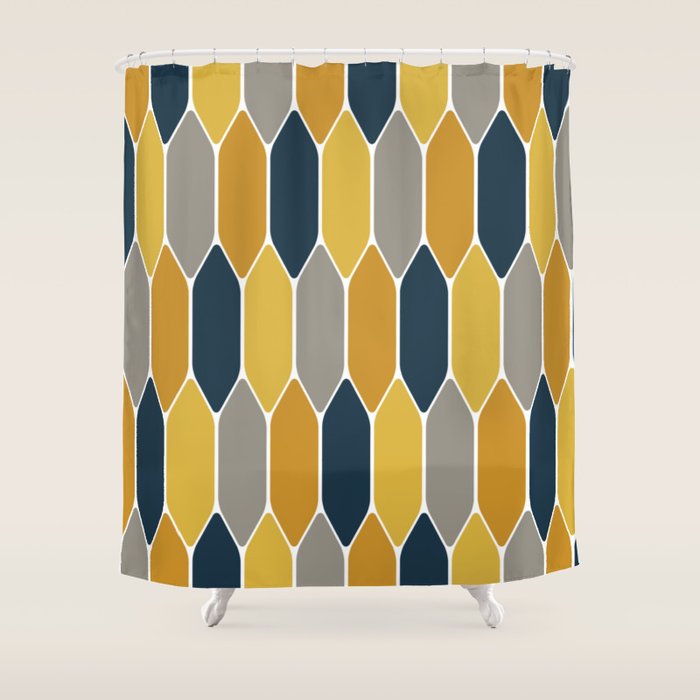 Long Honeycomb Geometric Pattern in Mustard Yellow, Navy Blue, Gray, and White Shower Curtain Gallery Image 1