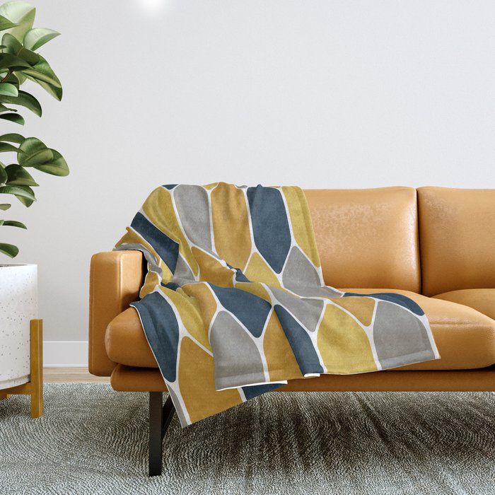 Long Honeycomb Geometric Pattern in Mustard Yellow, Navy Blue, Gray, and White Throw Blanket Gallery Image 1