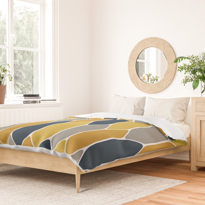 Long Honeycomb Geometric Pattern in Mustard Yellow, Navy Blue, Gray, and White Duvet Cover Gallery Image 2