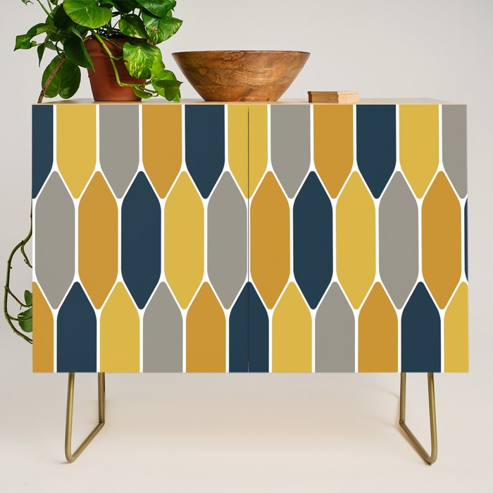 Long Honeycomb Geometric Pattern in Mustard Yellow, Navy Blue, Gray, and White Credenza Gallery Image 1