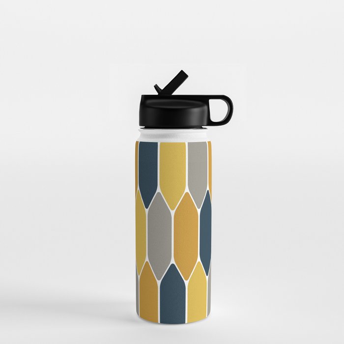 Long Honeycomb Geometric Pattern in Mustard Yellow, Navy Blue, Gray, and White Water Bottle Gallery Image 1