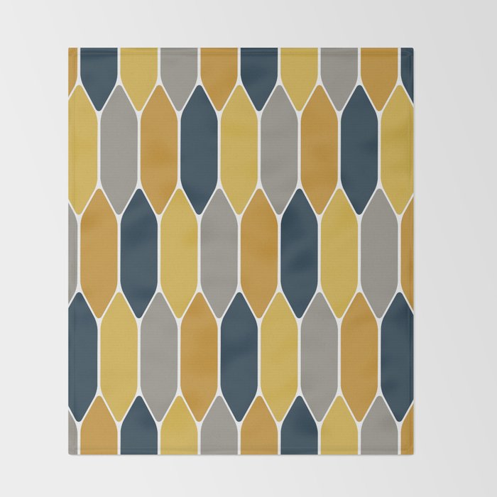 Long Honeycomb Geometric Pattern in Mustard Yellow, Navy Blue, Gray, and White Throw Blanket Gallery Image 2