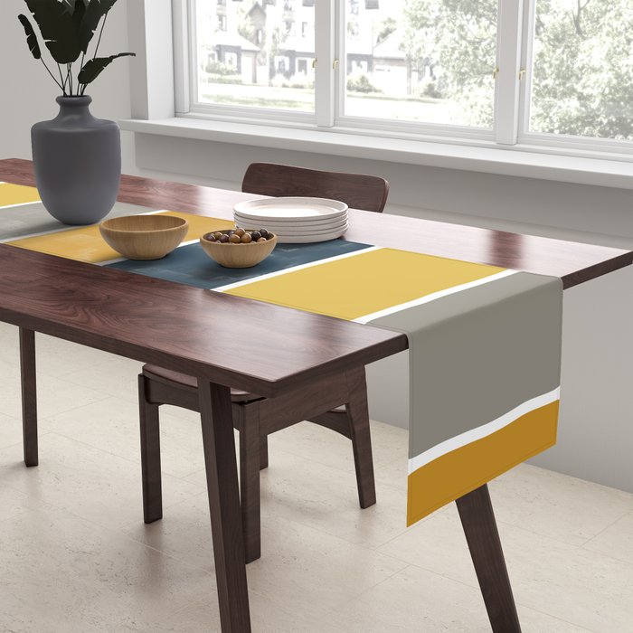 Long Honeycomb Geometric Pattern in Mustard Yellow, Navy Blue, Gray, and White Table Runner Gallery Image 2