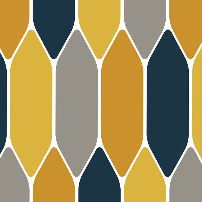 Long Honeycomb Geometric Pattern in Mustard Yellow, Navy Blue, Gray, and White Coffee Mug Gallery Image 2