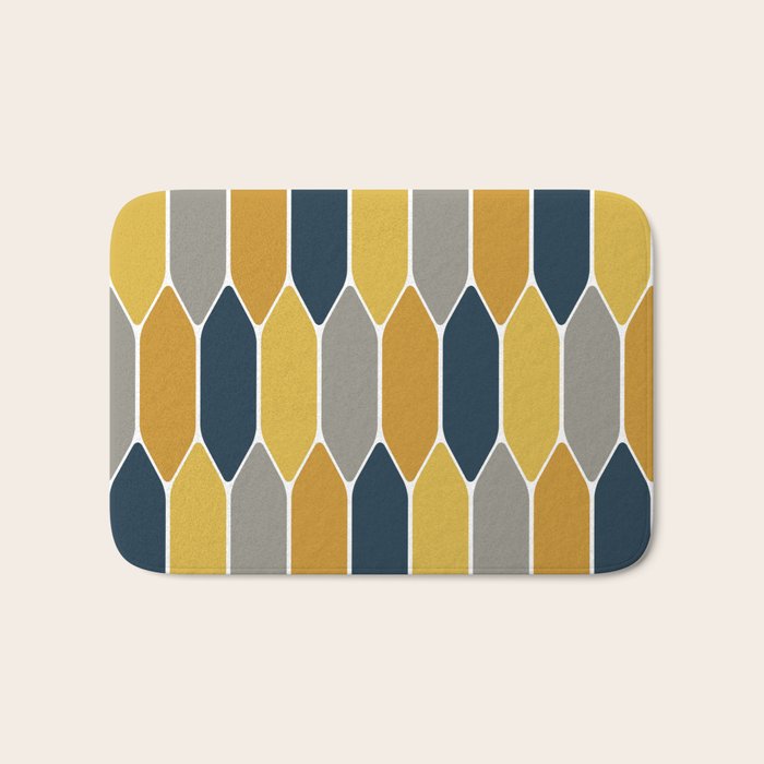 Long Honeycomb Geometric Pattern in Mustard Yellow, Navy Blue, Gray, and White Bath Mat Gallery Image 1