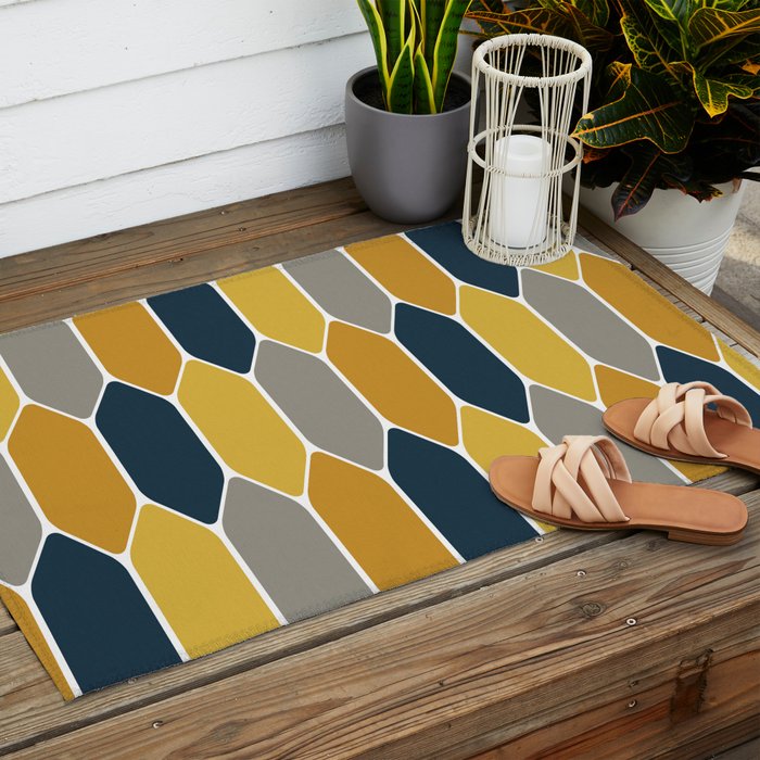 Long Honeycomb Geometric Pattern in Mustard Yellow, Navy Blue, Gray, and White Outdoor Rug Gallery Image 2