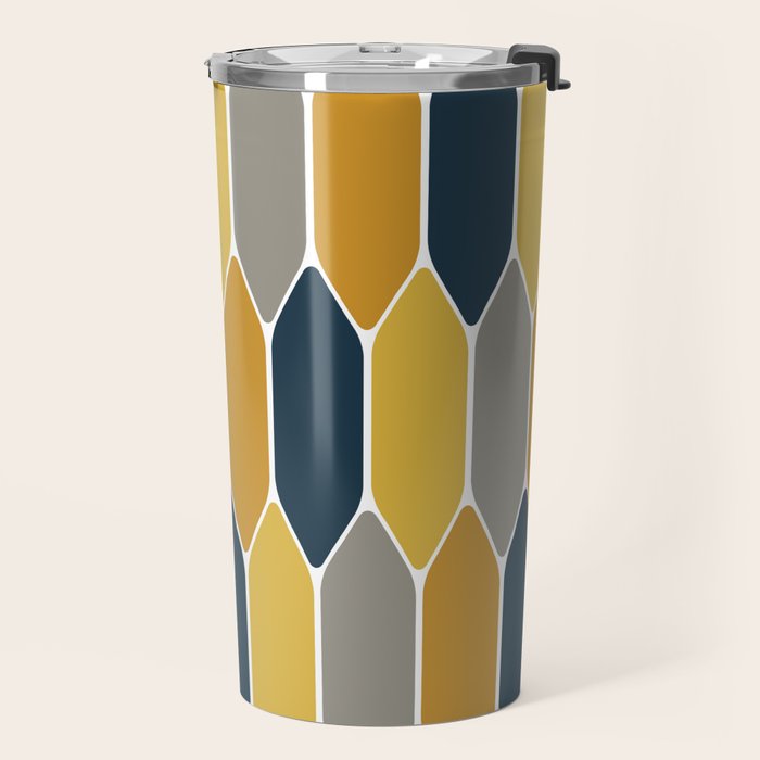 Long Honeycomb Geometric Pattern in Mustard Yellow, Navy Blue, Gray, and White Travel Mug Gallery Image 2
