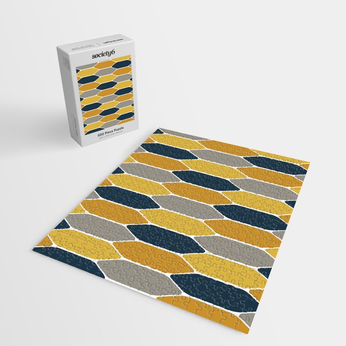 Long Honeycomb Geometric Pattern in Mustard Yellow, Navy Blue, Gray, and White Jigsaw Puzzle Gallery Image 2