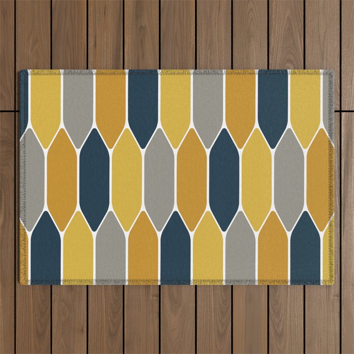 Long Honeycomb Geometric Pattern in Mustard Yellow, Navy Blue, Gray, and White Outdoor Rug Gallery Image 1