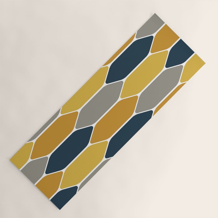 Long Honeycomb Geometric Pattern in Mustard Yellow, Navy Blue, Gray, and White Yoga Mat Gallery Image 1