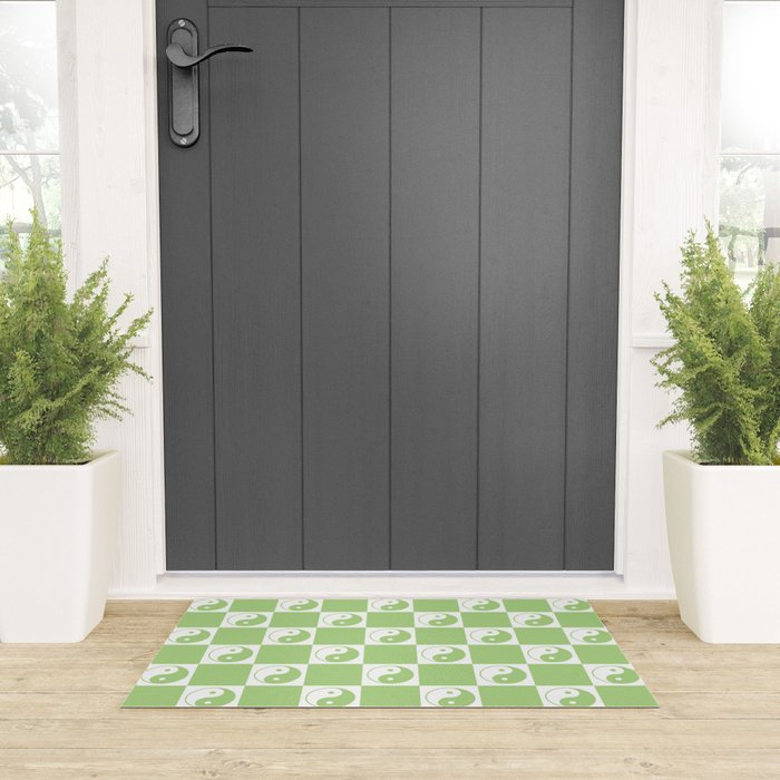 Yin Yang Checker in Green and White Welcome Mat Gallery Image 3