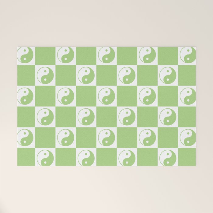 Yin Yang Checker in Green and White Welcome Mat Gallery Image 1