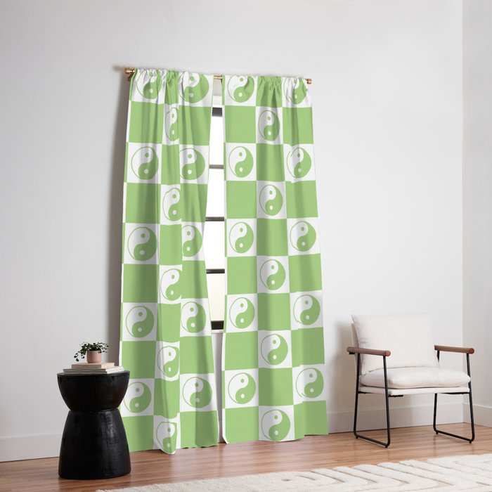 Yin Yang Checker in Green and White Window Curtain Gallery Image 2