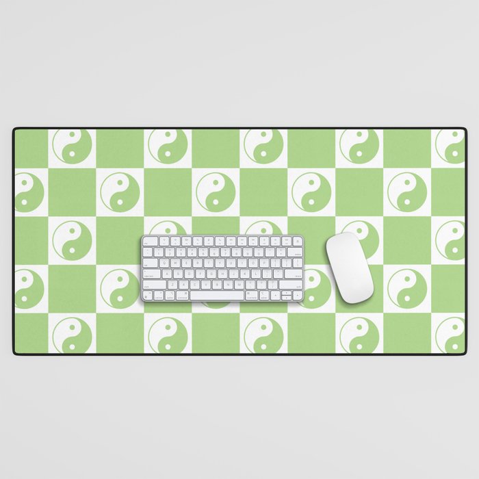 Yin Yang Checker in Green and White Desk Mat Gallery Image 1
