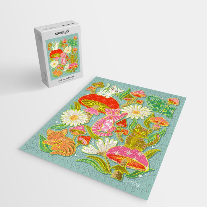 Kittens & Shrooms - Electric on Blue Jigsaw Puzzle Gallery Image 2