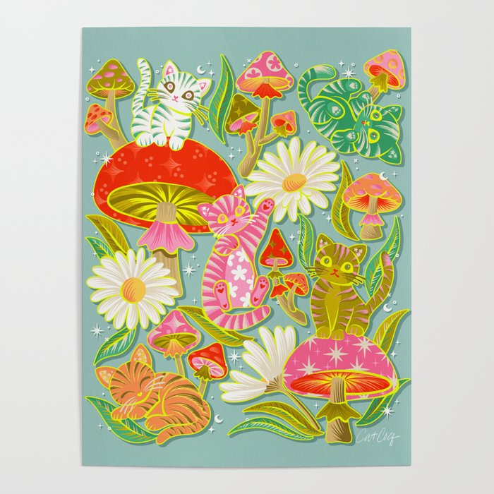 Kittens & Shrooms - Electric on Blue Poster Gallery Image 4