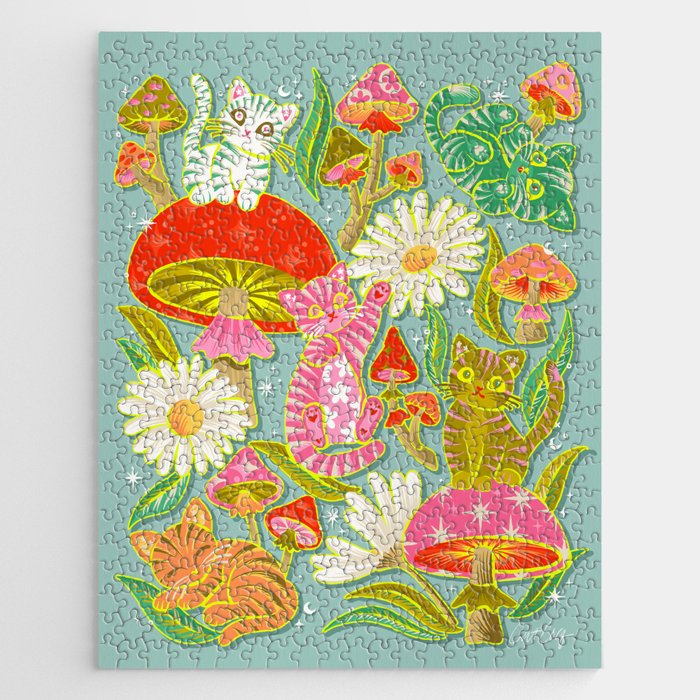 Kittens & Shrooms - Electric on Blue Jigsaw Puzzle Gallery Image 1