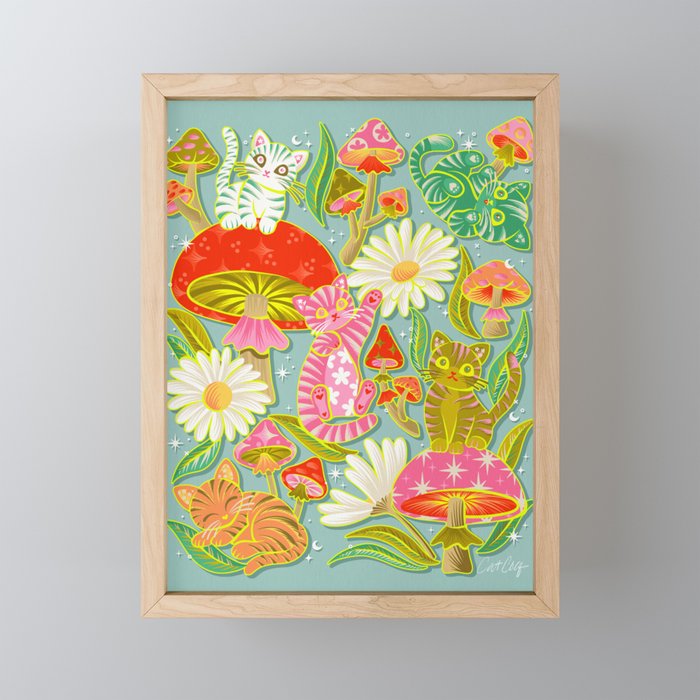 Kittens & Shrooms - Electric on Blue Mini Art Print Gallery Image 1