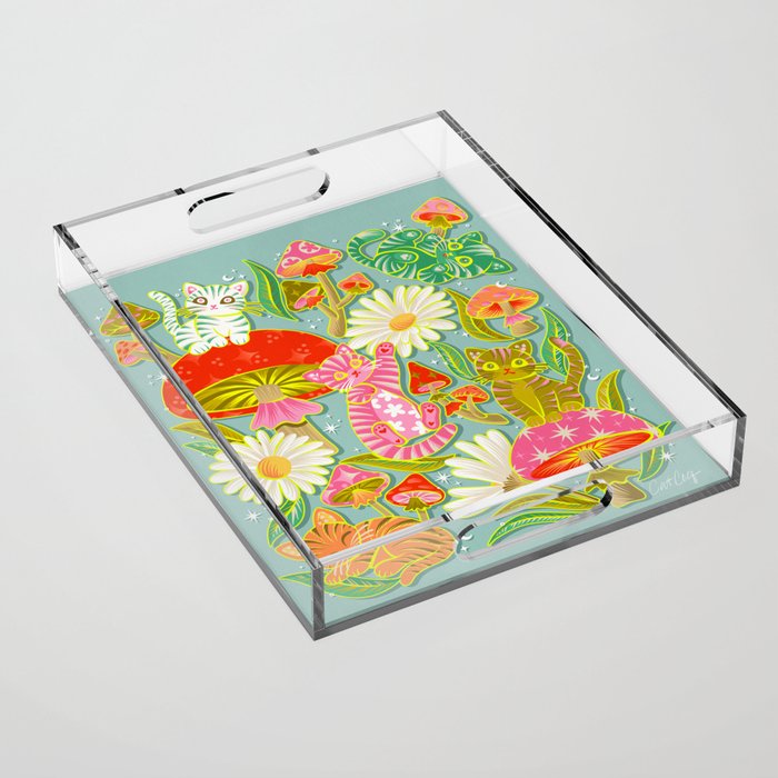 Kittens & Shrooms - Electric on Blue Acrylic Tray Gallery Image 1