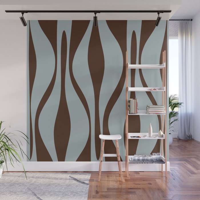 Mid Century Modern Retro Lounge Minimal Ogee Pattern in Light Blue-Gray and Dark Brown Wall Mural Gallery Image 1