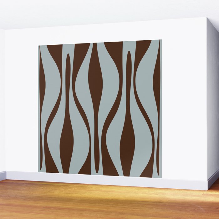 Mid Century Modern Retro Lounge Minimal Ogee Pattern in Light Blue-Gray and Dark Brown Wall Mural Gallery Image 2