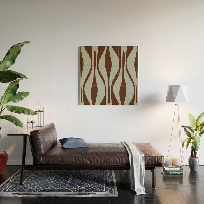 Mid Century Modern Retro Lounge Minimal Ogee Pattern in Light Blue-Gray and Dark Brown Wood Wall Art Gallery Image 2