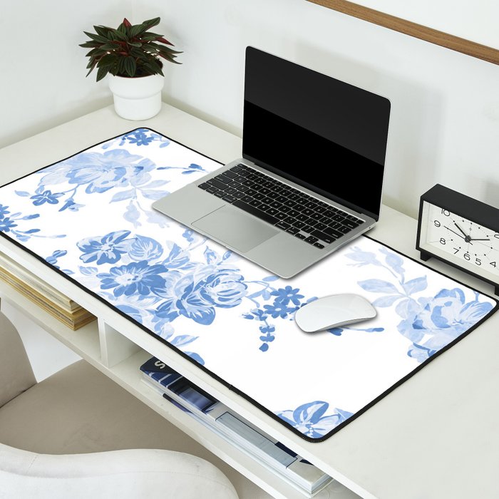 Modern navy blue white watercolor elegant floral Desk Mat Gallery Image 2