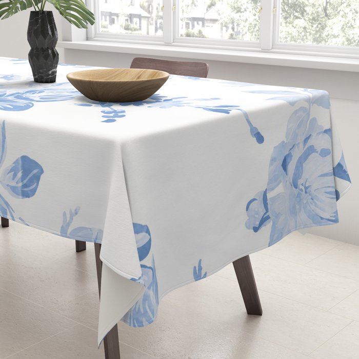 Modern navy blue white watercolor elegant floral Tablecloth Gallery Image 3