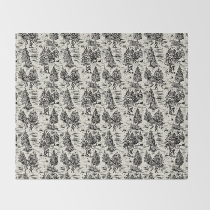 Bigfoot / Sasquatch Toile de Jouy in Black Throw Blanket Gallery Image 2