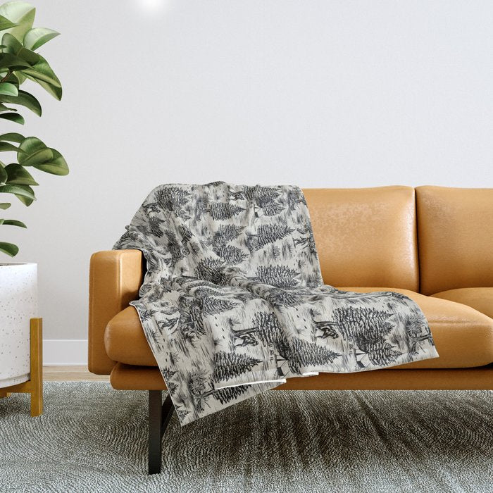 Bigfoot / Sasquatch Toile de Jouy in Black Throw Blanket Gallery Image 1