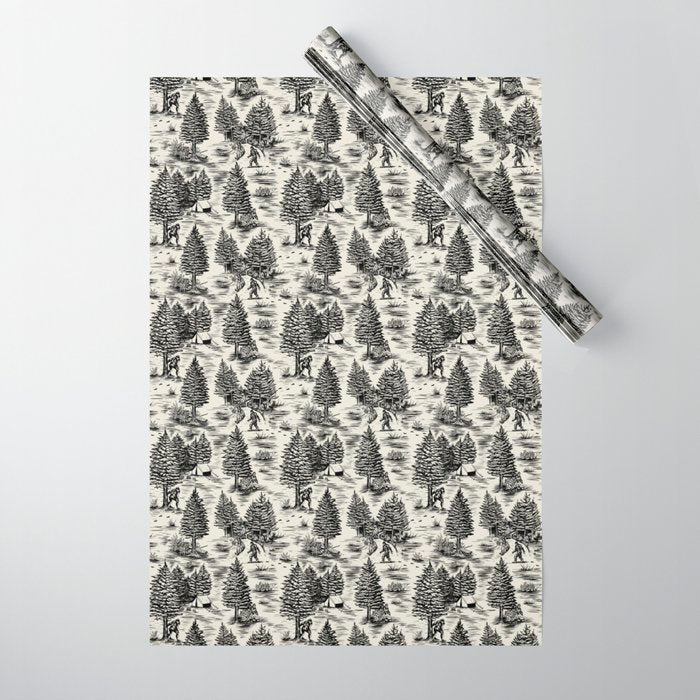 Bigfoot / Sasquatch Toile de Jouy in Black Wrapping Paper Gallery Image 1