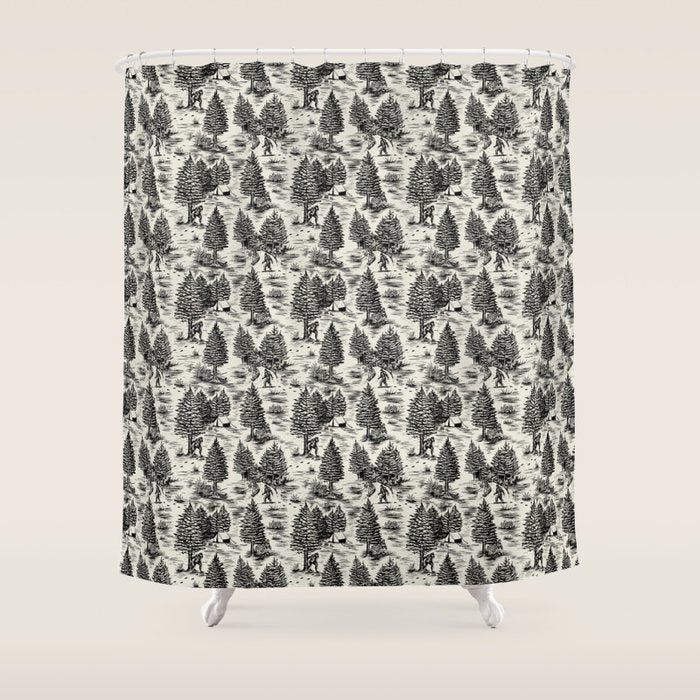 Bigfoot / Sasquatch Toile de Jouy in Black Shower Curtain Gallery Image 1