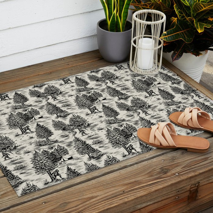 Bigfoot / Sasquatch Toile de Jouy in Black Outdoor Rug Gallery Image 2