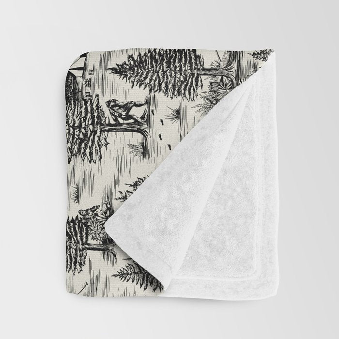 Bigfoot / Sasquatch Toile de Jouy in Black Throw Blanket Gallery Image 3