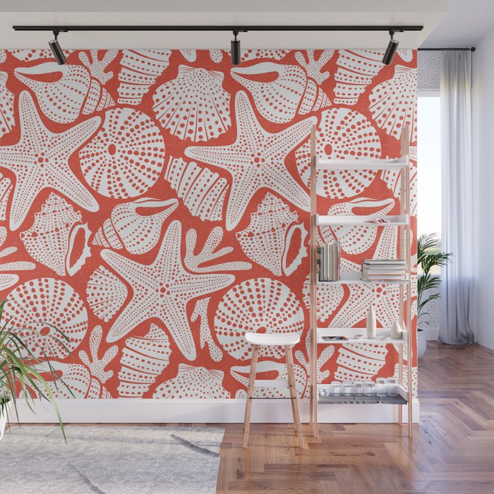 Ocean Floor Nautical Shells Red Wall Mural Gallery Image 1