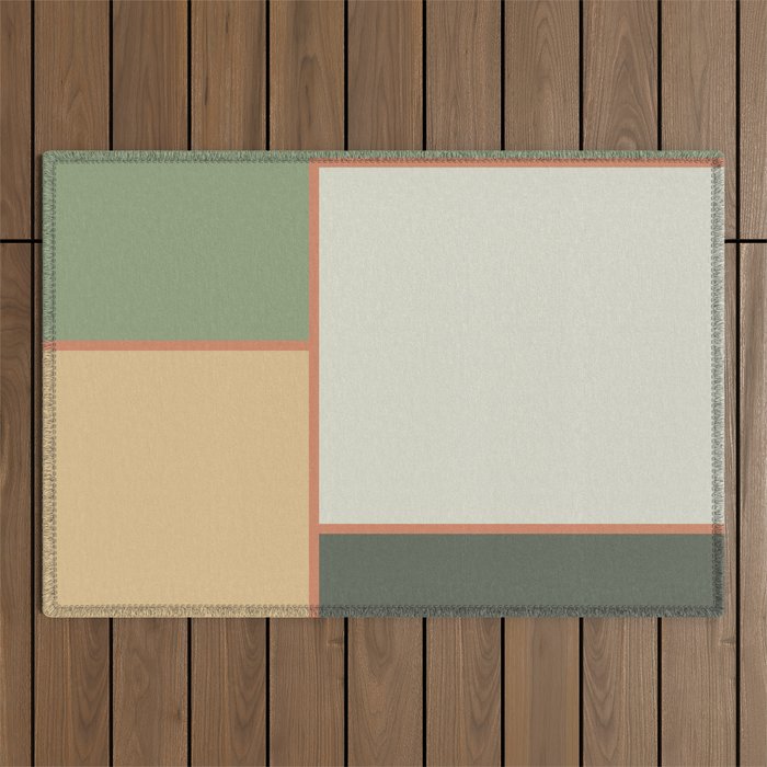 Soft Geometrics Minimalist Mid-century Geo Pattern in Sage Green and Apricot Outdoor Rug Gallery Image 1