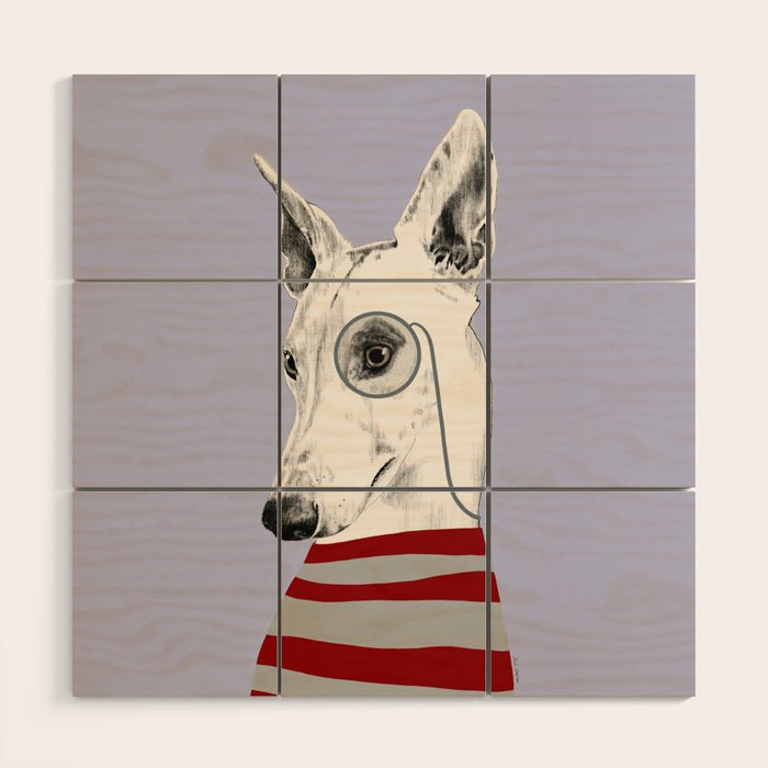 Portrait of a greyhound dog with a monocle Wood Wall Art Gallery Image 1