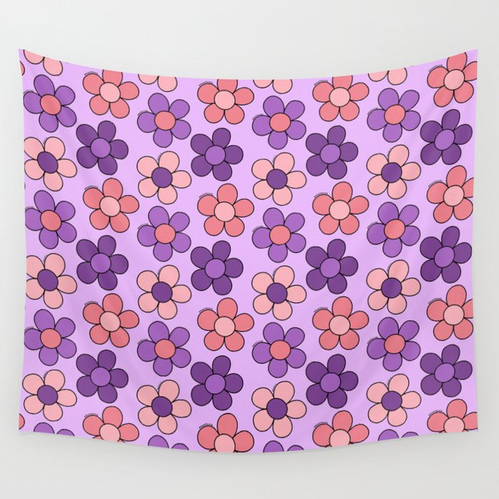 Groovy Flowers Print in Purple Wall Tapestry Gallery Image 1